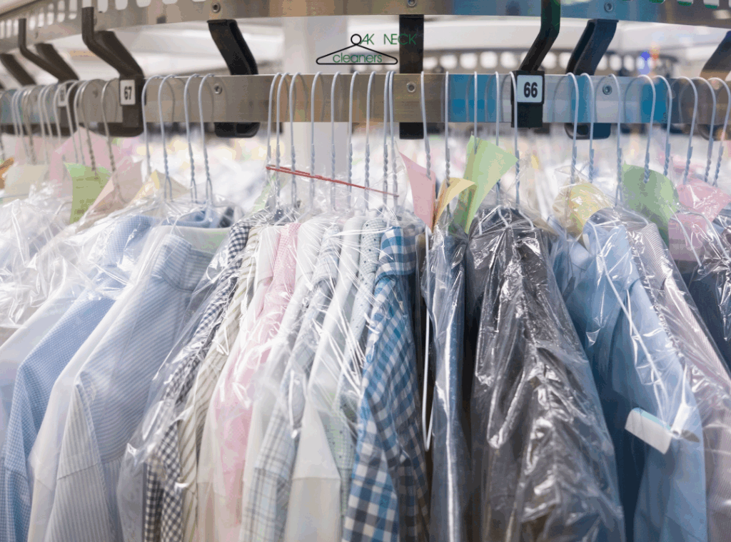 dry cleaning pickup long island Freshly cleaned garments in protective covers on the Oak Neck Cleaners conveyor rack - dry cleaning pickup and delivery service on Long Island